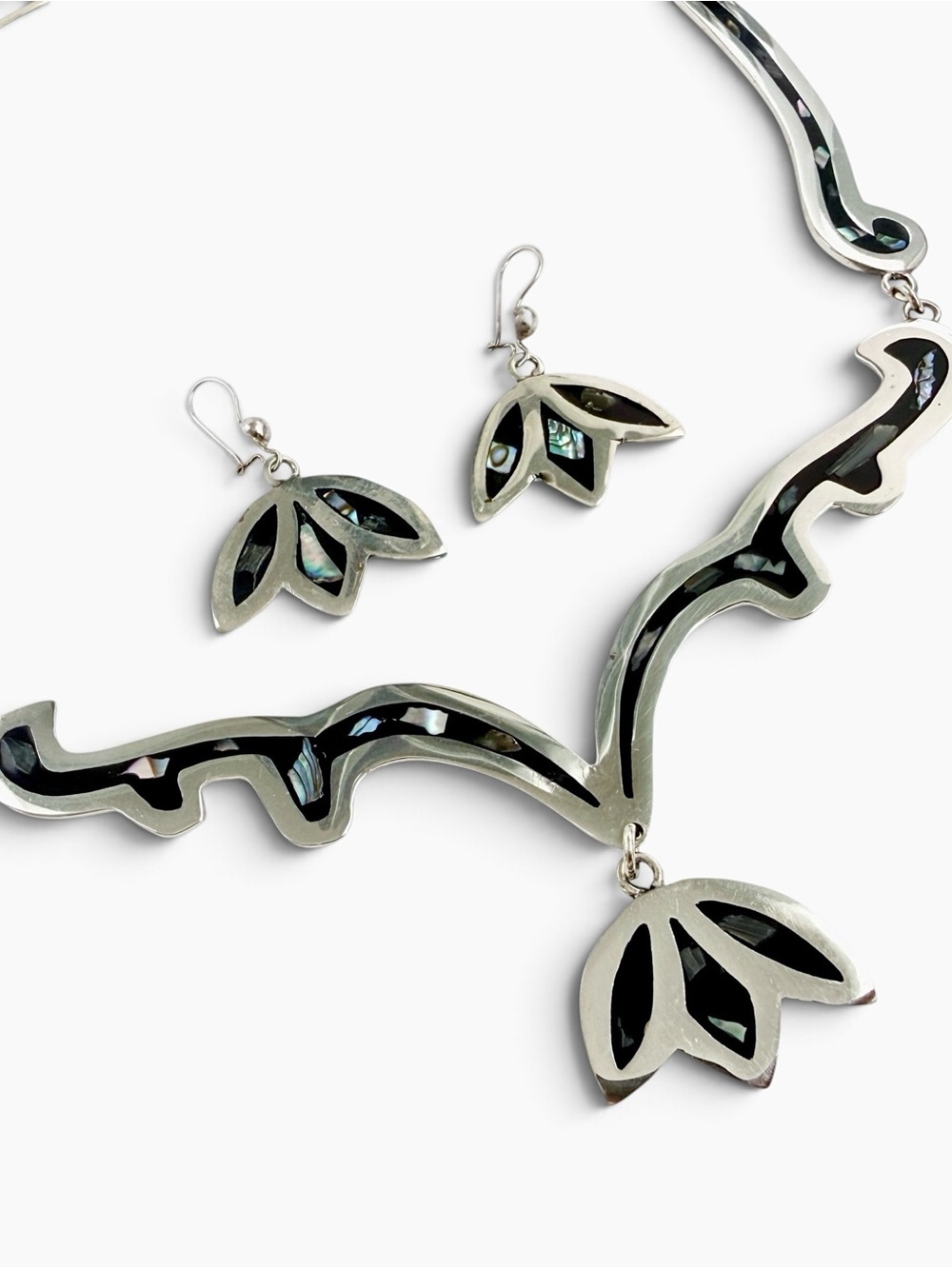 Vintage Alpaca Silver Mexico Abalone Inlay Necklace Earring Set Signed